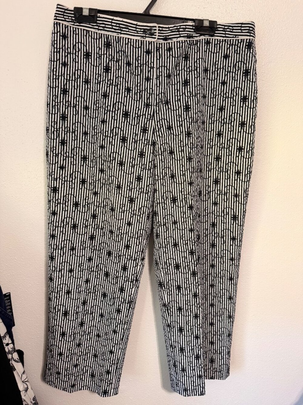 Etcetera Ankle Pants Black White Striped Embroidered Womens 14